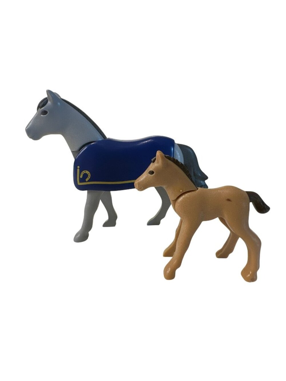 Playmobil Lot of 2 Horses Gray Horse Blue Blanket and Tan Foal Baby Figures Toys
